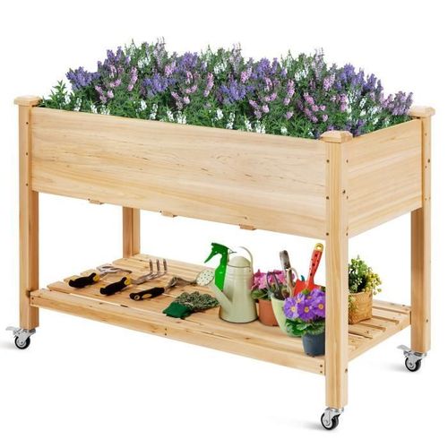 Costway Jardinière Sur Pieds En Bois De Sapin 120x59x84 Cm Potager Sur Roulettes Avec Doublure De Protection Et 4 Trous De Drainage