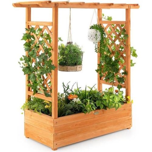 Costway Jardinière Avec Treillis Latéraux Et Toit Suspendu Bois Sapin Pré-Huilé 110x44x113,5 Cm Bac À Fleurs Avec Trou De Drainage