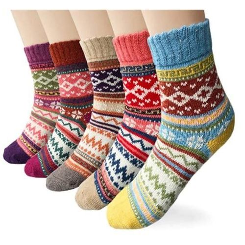 5 Paires De Chaussettes Tricotées Aux Jolies Couleurs Et Motifs Multicolore L