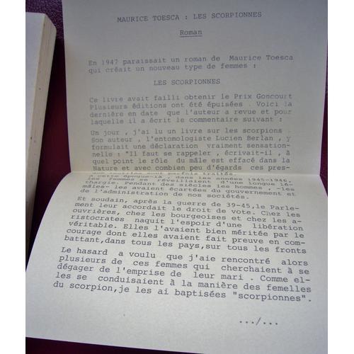 Les Scorpionnes Maurice Toesca Envoi Manuscrit De L'auteur À Michel De Saint-Pierre 1977