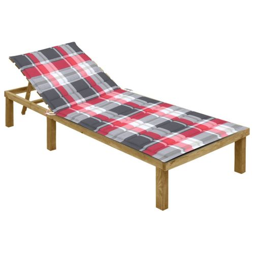 Transat Chaise Longue Bain De Soleil Lit De Jardin Terrasse Meuble D'extérieur Avec Coussin Carreaux Rouge Bois De Pin Imprégné Helloshop26 02_0012433
