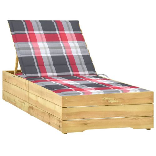 Transat Chaise Longue Bain De Soleil Lit De Jardin Terrasse Meuble D'extérieur Avec Coussin Carreaux Rouge Bois De Pin Imprégné Helloshop26 02_0012434
