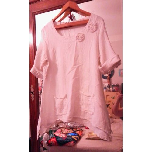 Top Blanc Asymétrique 3/4 Mi Lin Mi Coton 42 Xl .