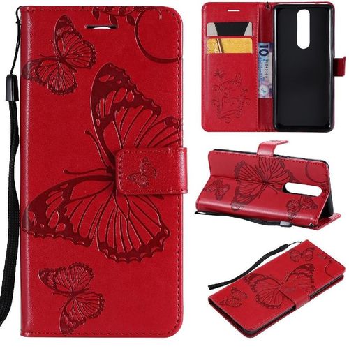 Flip Étui Pour Nokia 5.1 Cuir Pu Couverture Antichoc Flip Kickband Couverture Magnétique Avec Support De Fente Pour Carte - Rouge