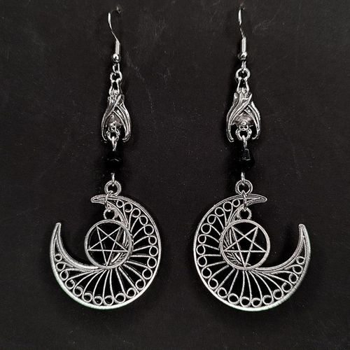 Boucles D'oreilles En Forme De Croissant De Chauve-Souris Avec Pentagramme, Boucles D'oreilles Gothiques, Bijoux De Sorcière, Bijoux Gothiques, Magie, Sort, Lune, Occulte