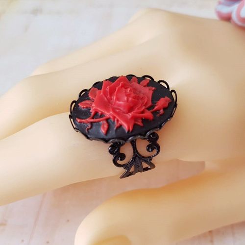 Anneau De Camée De Rose Rouge Gothique Filig123 Noir, Bague En Métal Noir, Réglable, Vintage, Victorien, Rouge Et Noir