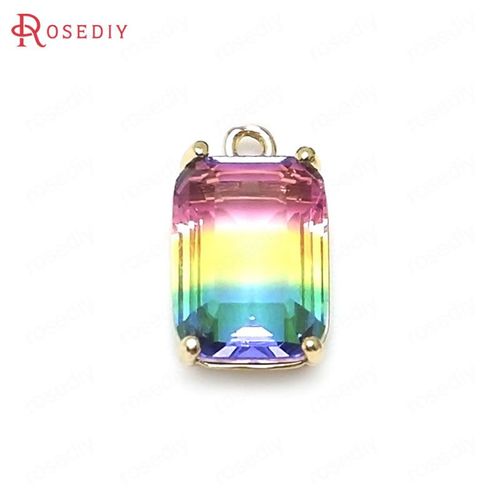 Breloques Rectangulaires Colorées De Style Arc-En-Ciel En Laiton Et Verre, Or Champagne, Accessoires De Bricolage, Documents, Haute Qualité, 6 Pièces, 17x10mm