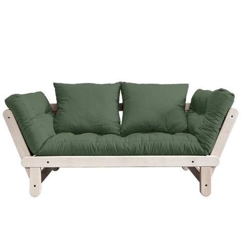 Banquette Méridienne Futon Beat Pin Naturel Tissu Coloris Vert Olive Couchage 75*200 Cm.