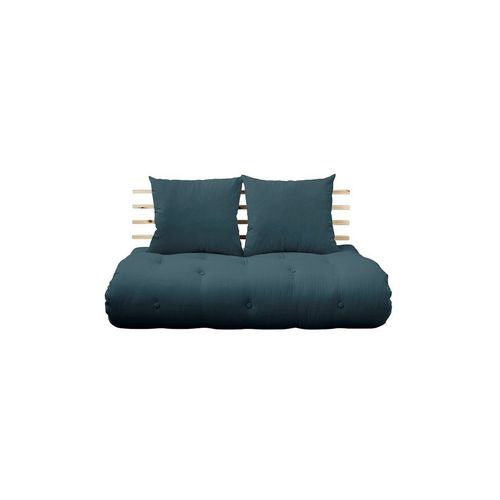Canapé Lit Futon Shin Sano Bleu Pétrole Et Pin Massif Couchage 140*200 Cm.
