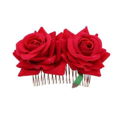 Barrette Deux Fleur Rouge Rose Peigne Metal Or Feuilles Vertes Accessoires Cheveux Femme Pic Mode Tendance Chignon Mariage Retro Vintage