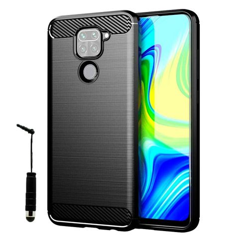 Coque Silicone Tpu Pour Xiaomi Redmi Note 9 6.53" Fibre De Carbone Brossé - Noir + Mini Stylet