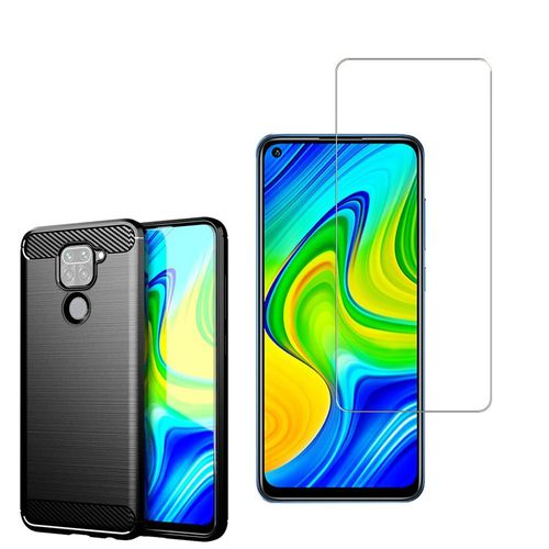Coque Silicone Tpu Pour Xiaomi Redmi Note 9 6.53" Fibre De Carbone Brossé - Noir + 1 Film Verre Trempé - Transparent