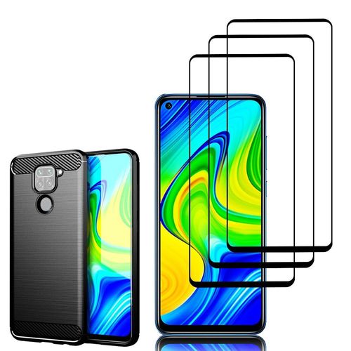 Coque Silicone Tpu Pour Xiaomi Redmi Note 9 6.53" Fibre De Carbone Brossé - Noir + 3 Films Verre Trempé - Noir