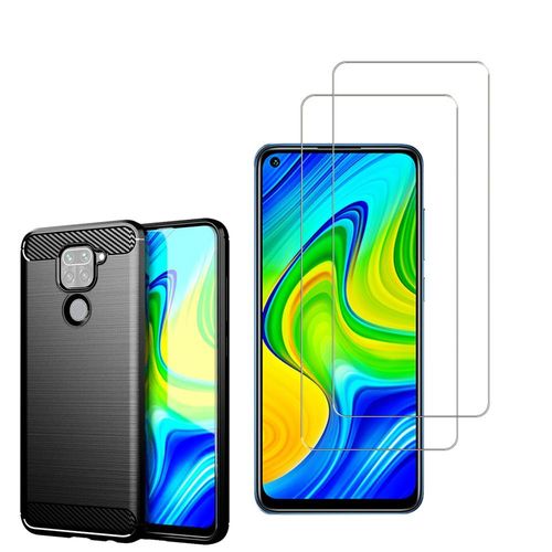 Coque Silicone Tpu Pour Xiaomi Redmi Note 9 6.53" Fibre De Carbone Brossé - Noir + 2 Films Verre Trempé - Transparent