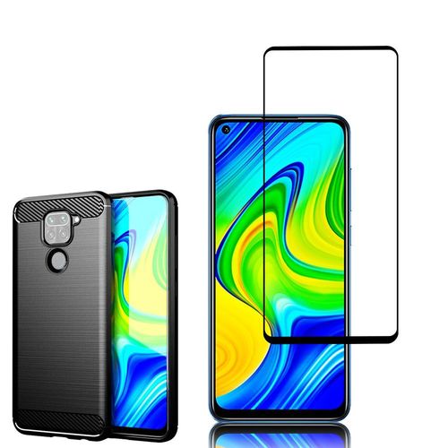 Coque Silicone Tpu Pour Xiaomi Redmi Note 9 6.53" Fibre De Carbone Brossé - Noir + 1 Film Verre Trempé - Noir