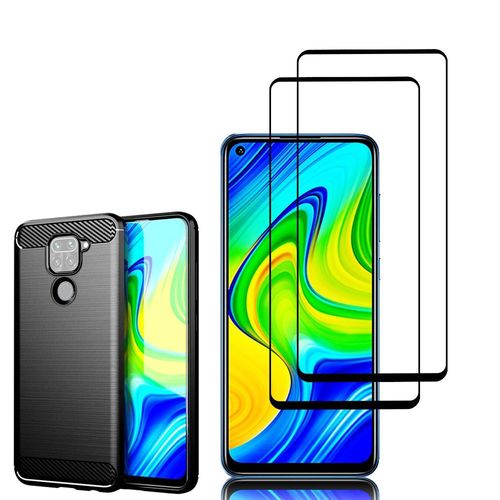 Coque Silicone Tpu Pour Xiaomi Redmi Note 9 6.53" Fibre De Carbone Brossé - Noir + 2 Films Verre Trempé - Noir