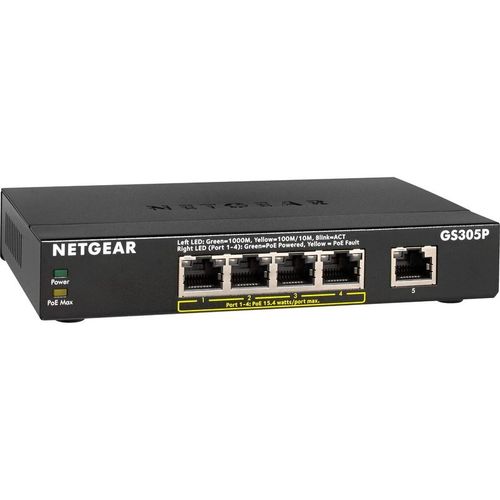 NETGEAR GS305Pv2 - Commutateur - non géré - 5 x 10/100/1000 (4 PoE) - de bureau, fixation murale - PoE+ (63 W) - Tension CC
