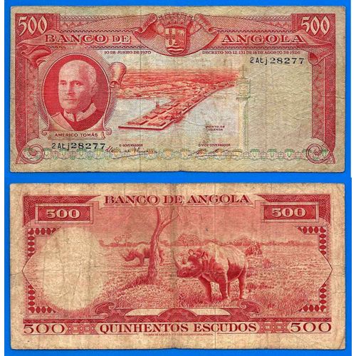 Angola 500 Escudos 1970 Decret 1926 Afrique Colonie Portugal Escudo Billet Port Americo Tomas Animal Rhinoceros -