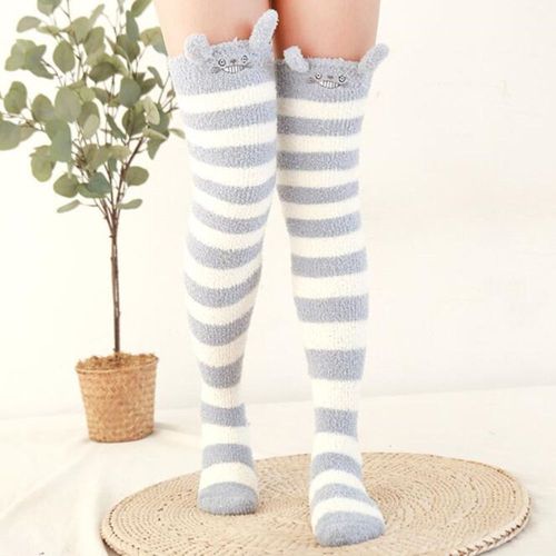 Expédié De France Chaussettes Femme Fille Montante Long Velours Corail Epais Rayure Grise Blanche Totoro Oreille Chat Écolière Uniforme Cosplay