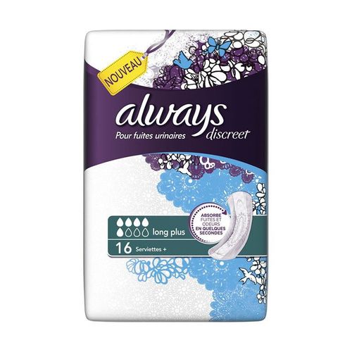 Lot De 4 - Always : Discreet Long Plus - Serviettes Fuites Urinaires Larges 16 Serviettes 