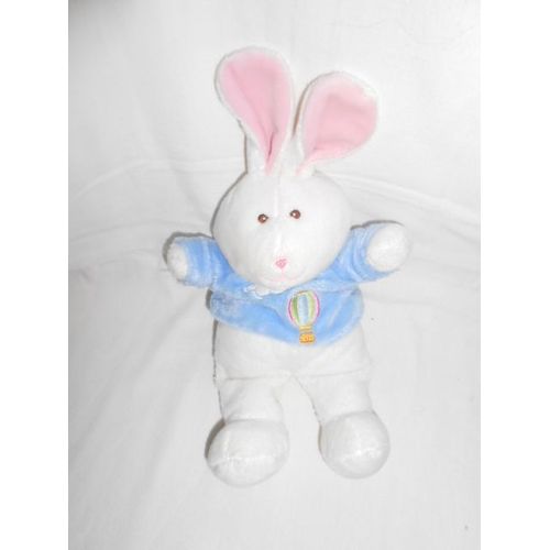 Doudou Lapin Gipsy Peluche Blanc Pull Tee Shirt Bleu Nuage Mongolfière 30cm Oreille Rose