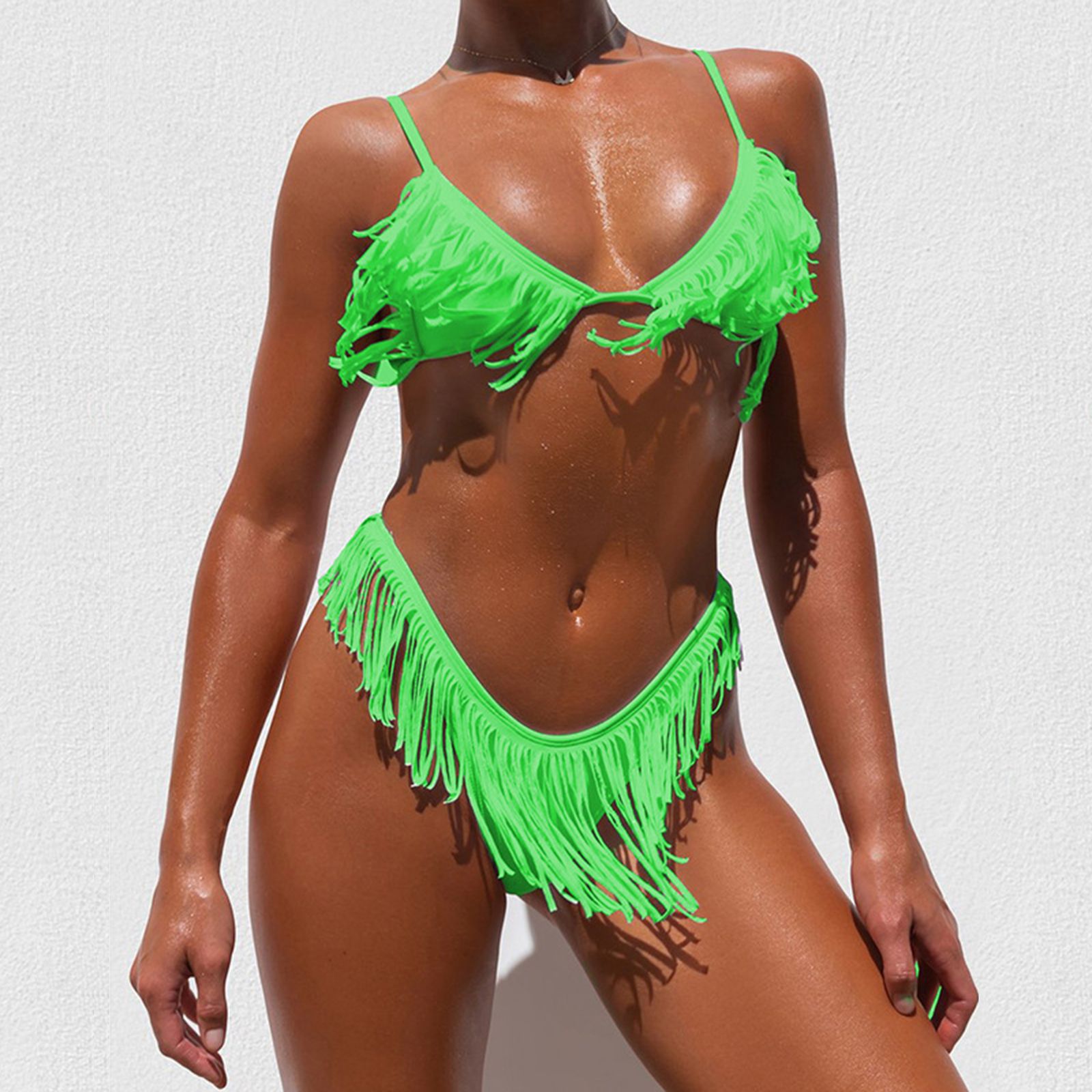 WOZOW Maillot De Bain Femme 2 Pieces Taille Haute Couleur Unie Bikini Set Push Up Haut pour avec Armatures Ensemble à Nouer sur Le Côté Brésilien Bas L-4XL
