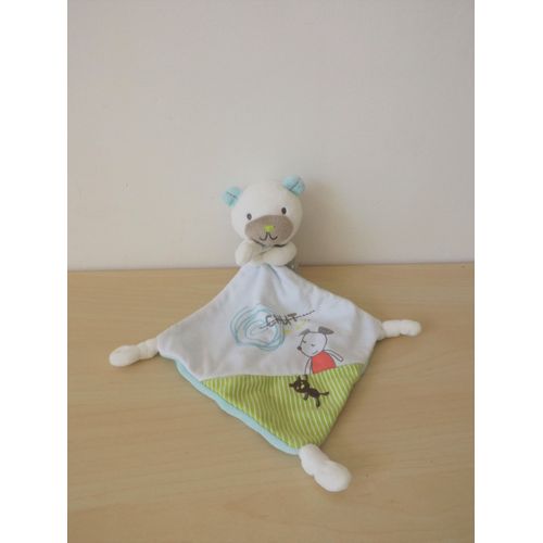 Doudou Ours Blanc Vert Gris Carré Pommette