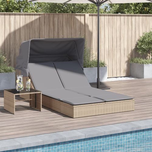 Vidaxl Chaise Longue Double Avec Auvent Et Coussins Beige Poly Rotin