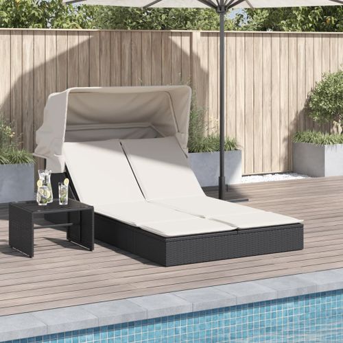 Vidaxl Chaise Longue Double Et Auvent Et Coussins Noir Résine Tressée