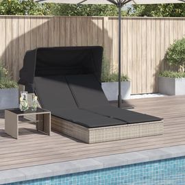 Vidaxl Chaise Longue Double Avec Auvent Et Coussins Gris Clair Rotin