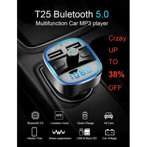 Transmetteur FM Bluetooth pour voiture, modulateur, transmetteur mains-libres, modulateur USB QC3.0, 2 ports USB, MP3 T25