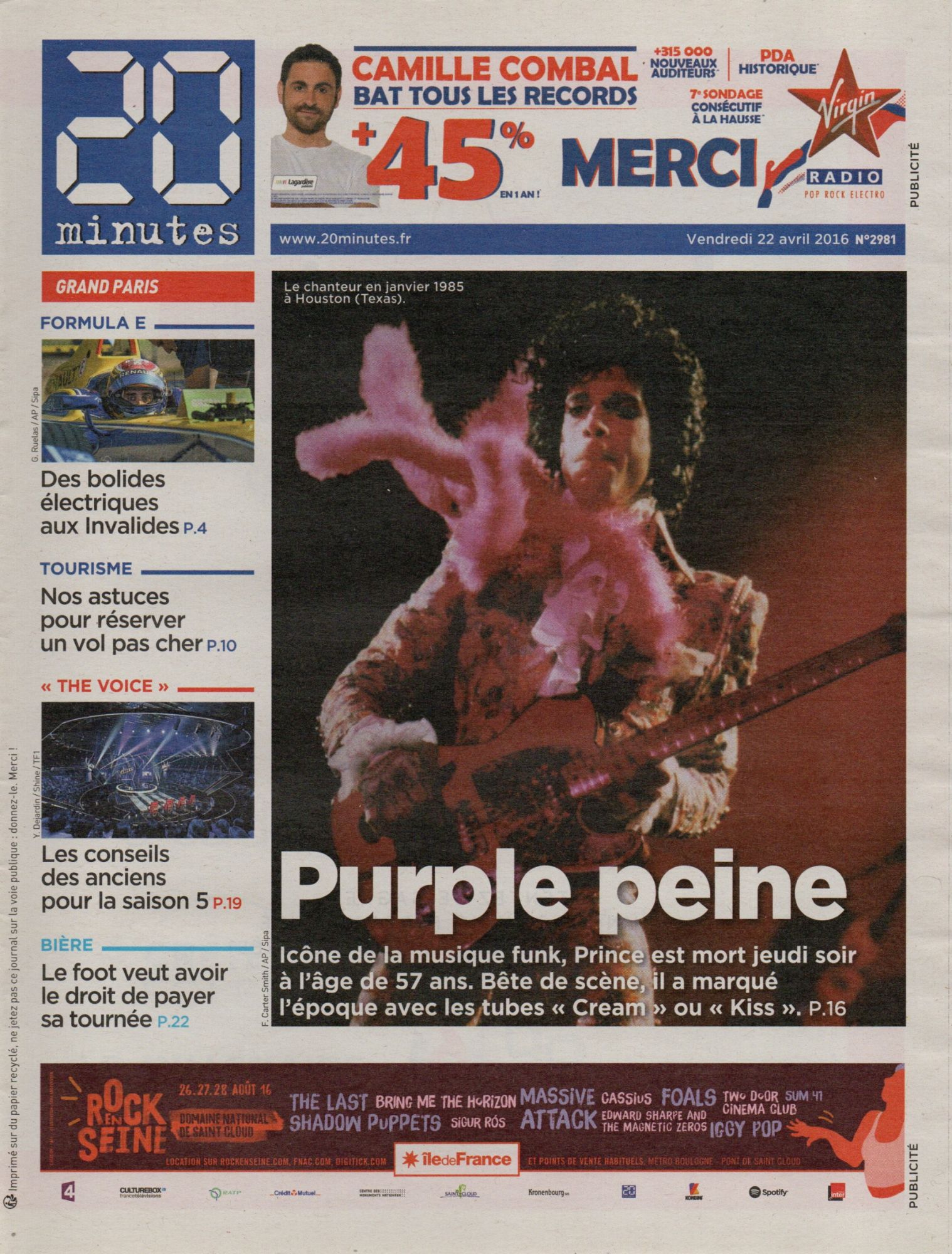 20 Minutes N°2981 Du Vendredi 22 Avril 2016 : Purple Peine