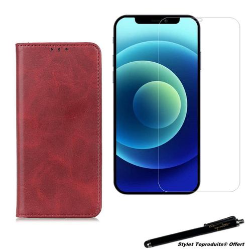 Etui Portefeuille Rouge Pour Iphone 12 Housse À Fermeture Magnétique Et Verre Trempé 2,5d Avec Stylet Toproduits®