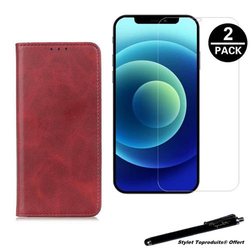 Etui Portefeuille Rouge Pour Iphone 12 Pro Max Housse À Fermeture Magnétique Et 2 Verres Trempés 2,5d Avec Stylet Toproduits®