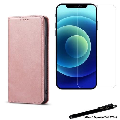 Etui Portefeuille Rose Pour Iphone 12 Pro Max Housse À Fermeture Magnétique Et Verre Trempé 2,5d Avec Stylet Toproduits®