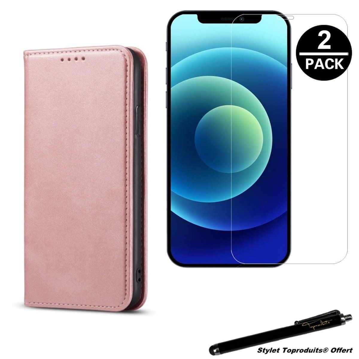 Etui Portefeuille Rose Pour Iphone 12 Pro Max Housse À Fermeture Magnétique Et 2 Verres Trempés 2,5d Avec Stylet Toproduits®