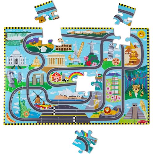 Melissa & Doug Race Around The World Tracks Cardboard Jigsaw Floor Puzzle And Wind-Up Vehicles