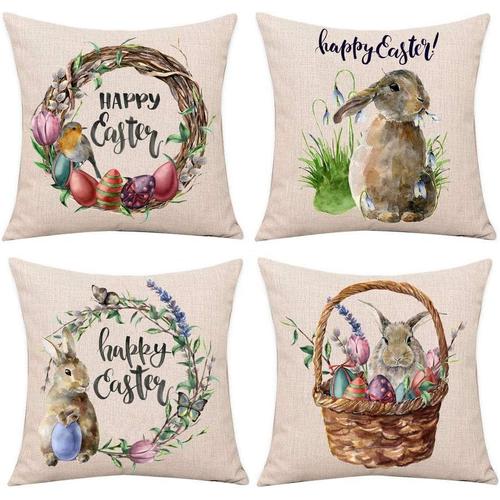 Multicolore-C Multicolore-C Jeter Arbre Printemps 4 Pcs Décor Fleurs Maison Paques Lapin Nouveaux Oeufs Couvre Oreiller Taie D'oreiller Petit