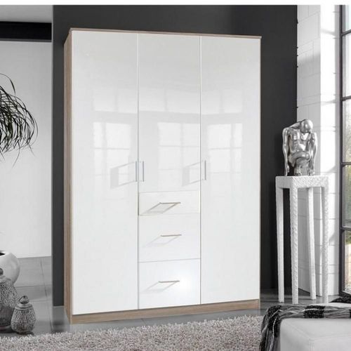 Armoire Cooper 3 Portes 3 Tiroirs Largeur 135 Laqué Blanc / Décor Chêne