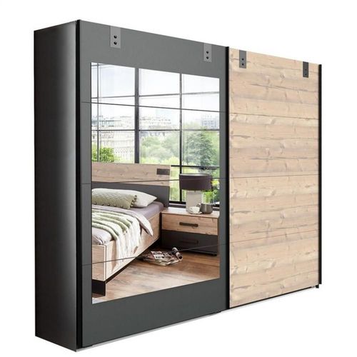 Armoire Coulissante Vernon Style Industriel Porte Pin Vieilli Porte Graphite Miroir