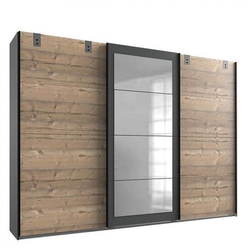 Armoire Coulissante Vernon Style Industriel 2 Portes Pin Vieilli 1 Porte Miroir