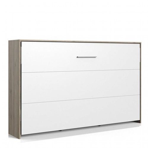 Lit Escamotable Horizontal Vanier Décor Chêne Façade Blanche Couchage 120 X 200 Cm