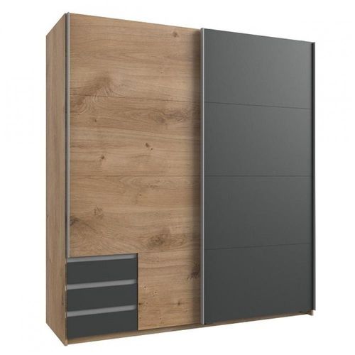 Armoire De Rangement Edona 179 Cm Portes Coulissantes 3 Tiroirs Chêne Poutre / Graphite