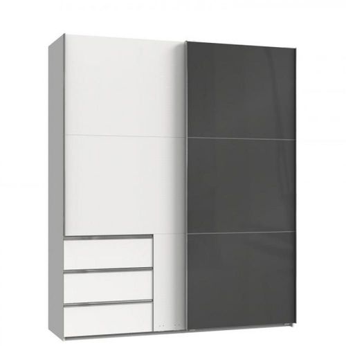 Armoire Coulissante Lisea 2 Portes 3 Tiroirs Blanc Verre Anthracite 200 X 236 Cm Ht