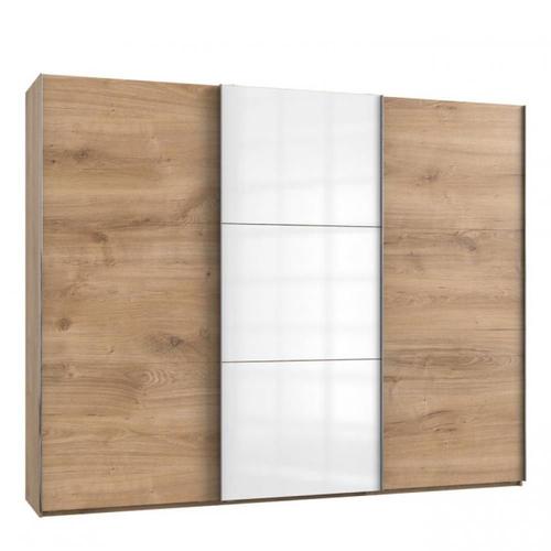 Armoire Coulissante Lisea 3 Portes Chêne Poutre Verre Blanc 300 X 236 Cm Ht