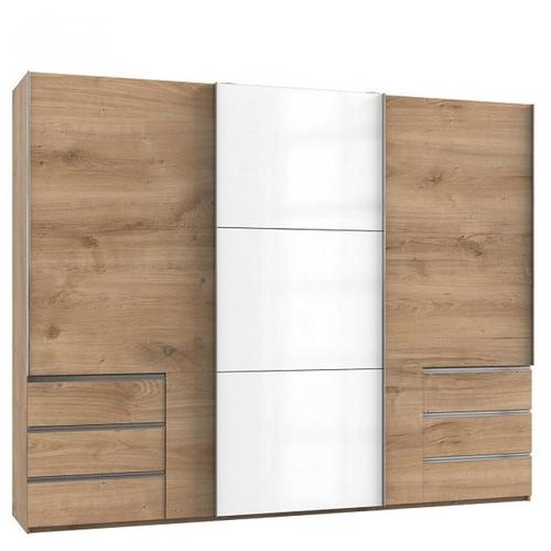 Armoire Coulissante Lisea 3 Portes 6 Tiroirs Chêne Poutre Verre Blanc 300 X 236 Cm Ht