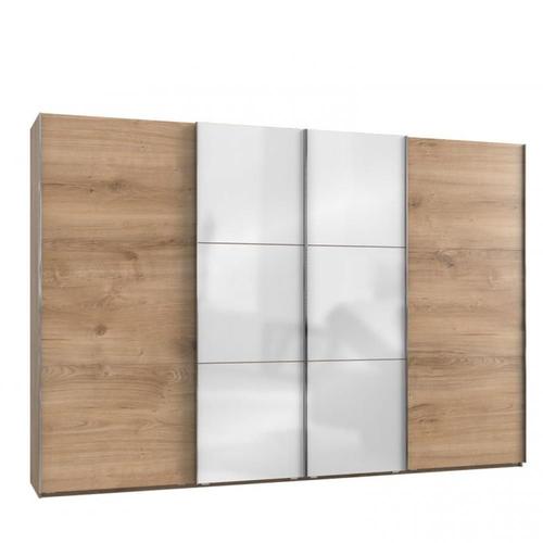 Armoire Coulissante Lisea 4 Portes Chêne Poutre Verre Blanc 350 X 236 Cm Ht