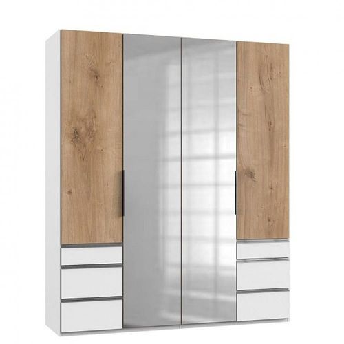 Armoire Lisbeth 2 Portes Chêne 6 Tiroirs Blanc Miroir Central 200 X 236 Cm Hauteur