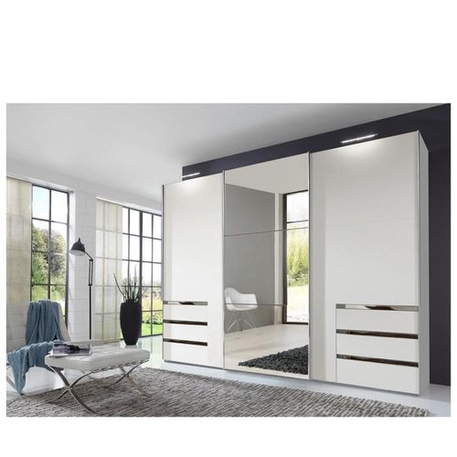 Armoire Coulissante Lisbeth 2 Portes 6 Tiroirs Blanc 1 Miroir 300 X 236 Cm Hauteur