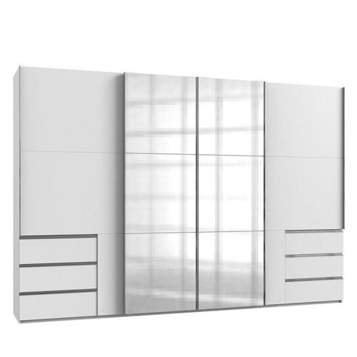 Armoire Coulissante Lisbeth 2 Portes 6 Tiroirs Blanc 2 Miroirs 350 X 236 Cm Hauteur